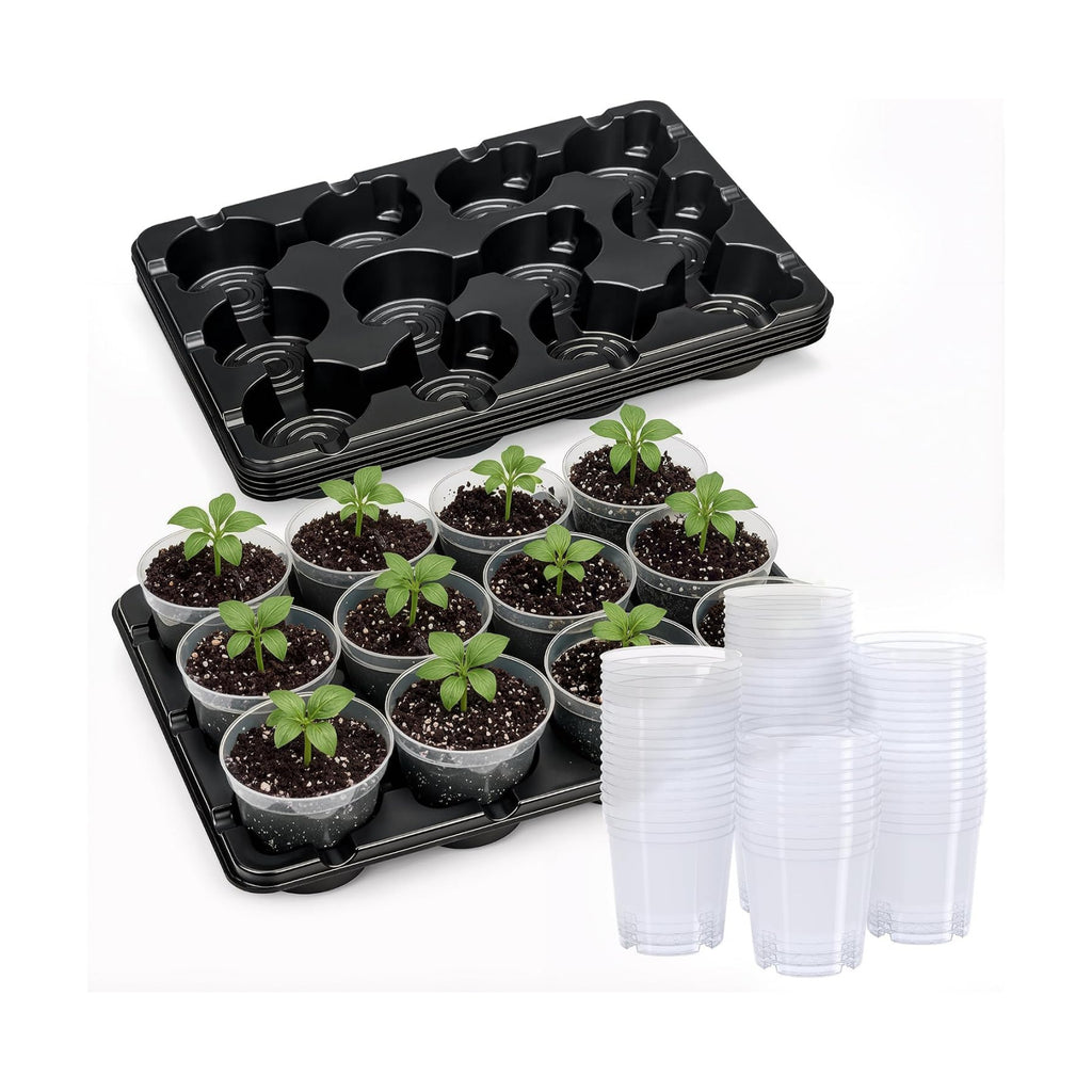 5 Pack 12 Cell Seed Starter Trays with 60 4 Inch Nursery Pots | Includes five 12 cell trays and 60 clear 4 inch nursery