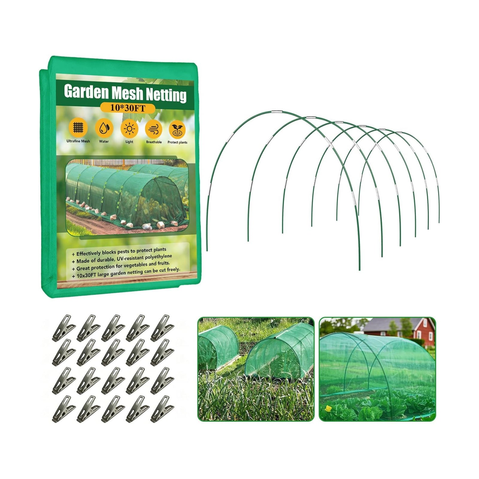 Garden Mesh Netting Kit for Raised Beds, 10x30FT Green Garden Netting ＆6 Sets Fiberglass Garden Hoops, Row Cover Garden