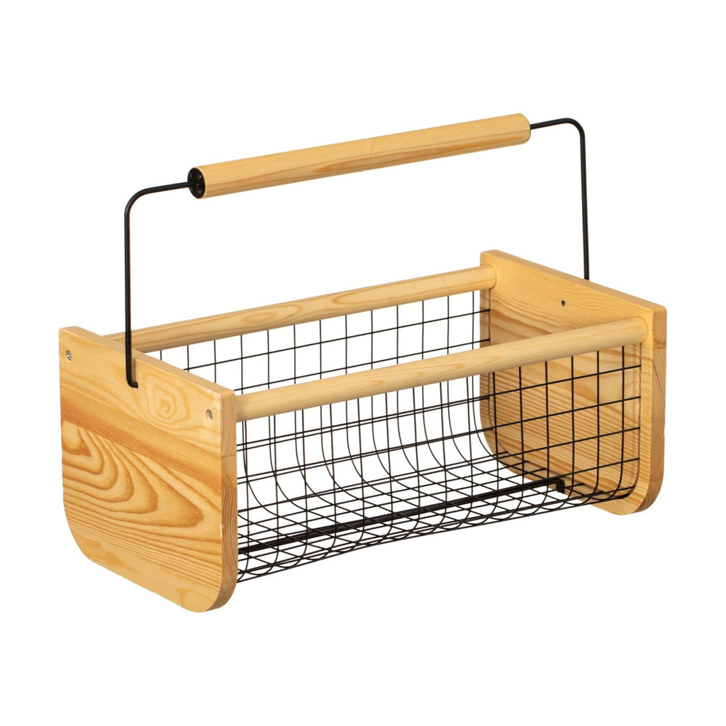 Vintage Harvest Basket Pine Wood & Metal Mesh Wire Design Wooden Frame with Straight Handle for Fruits Vegetables