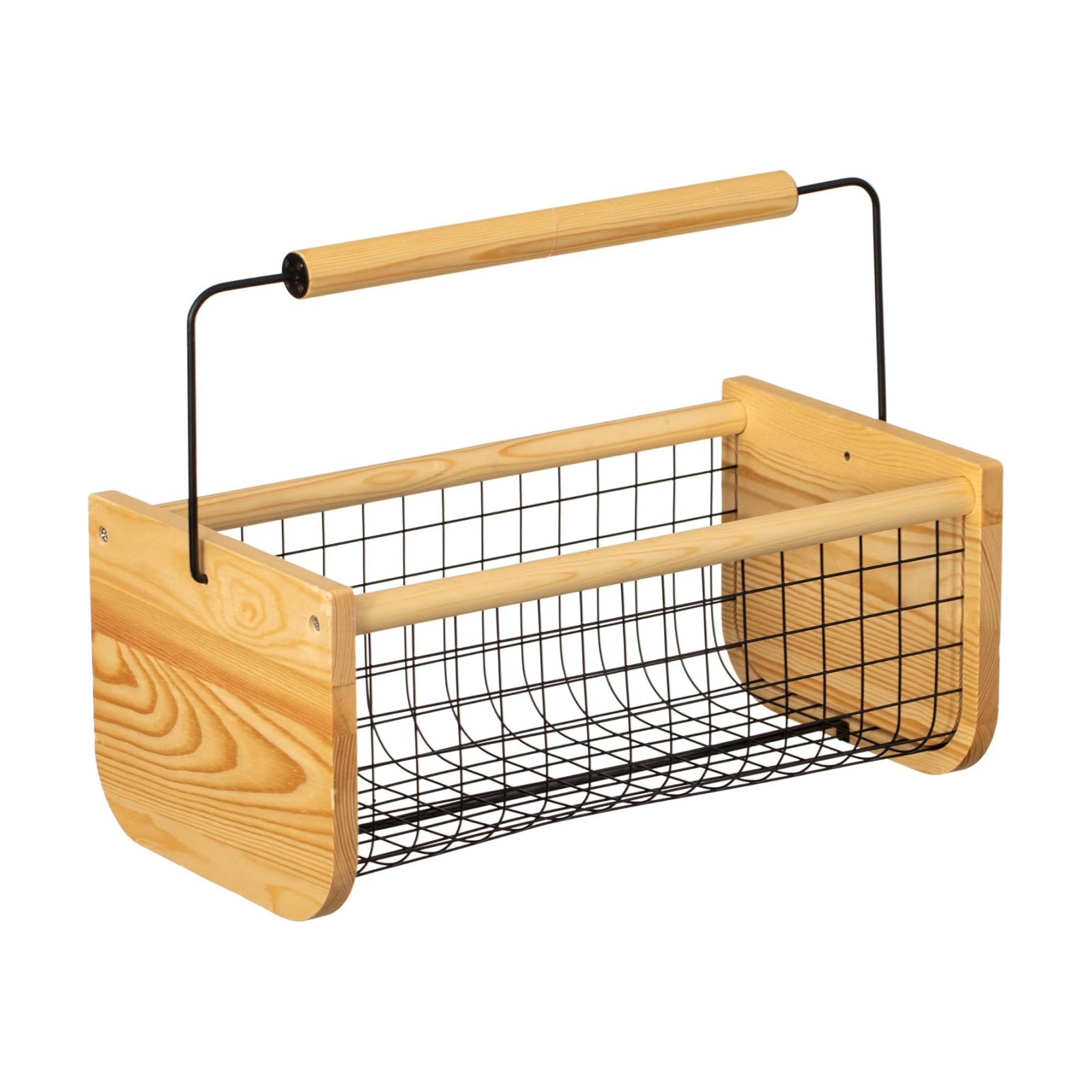 Vintage Harvest Basket Pine Wood & Metal Mesh Wire Design Wooden Frame with Straight Handle for Fruits Vegetables