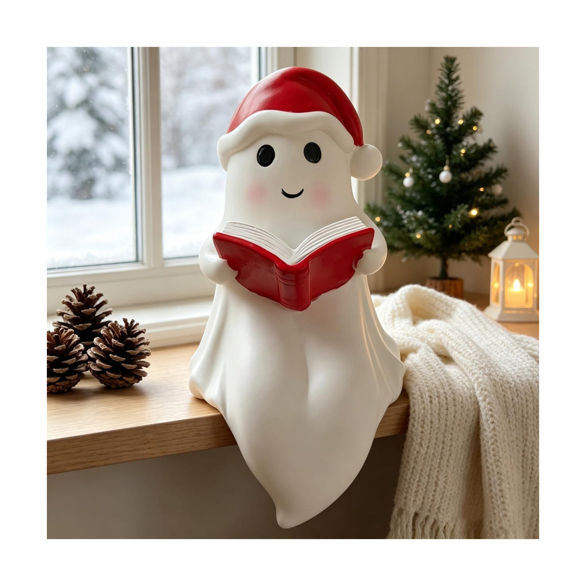 Christmas Reading Ghost Figurine Xmas Hat Spooky Glow in the Dark Statues