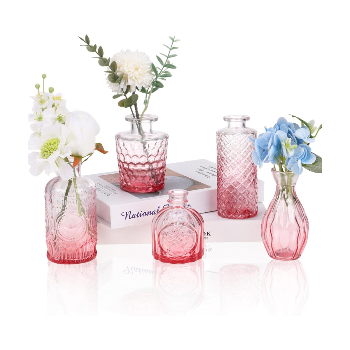 5pcs Pink Glass Bud Vase Set, Small Flower Vases for Centerpieces in Bulk