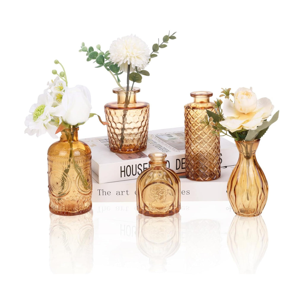 5pcs Amber Glass Bud Vase Set, Gold Small Flower Vases for Centerpieces