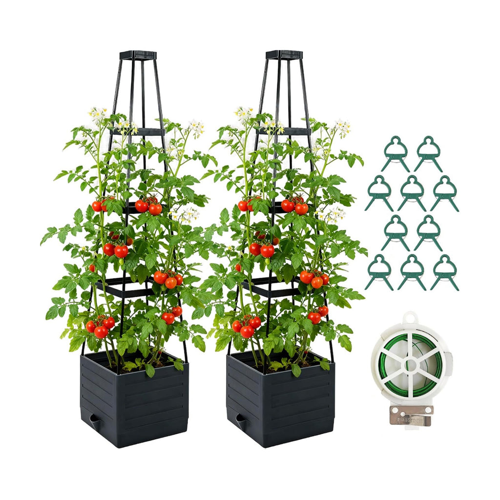 2 Pack Raised Garden Bed Planter Box with Trellis, 57'' Self Watering Tomato Planters for Climbing Plants, Tomato Cage
