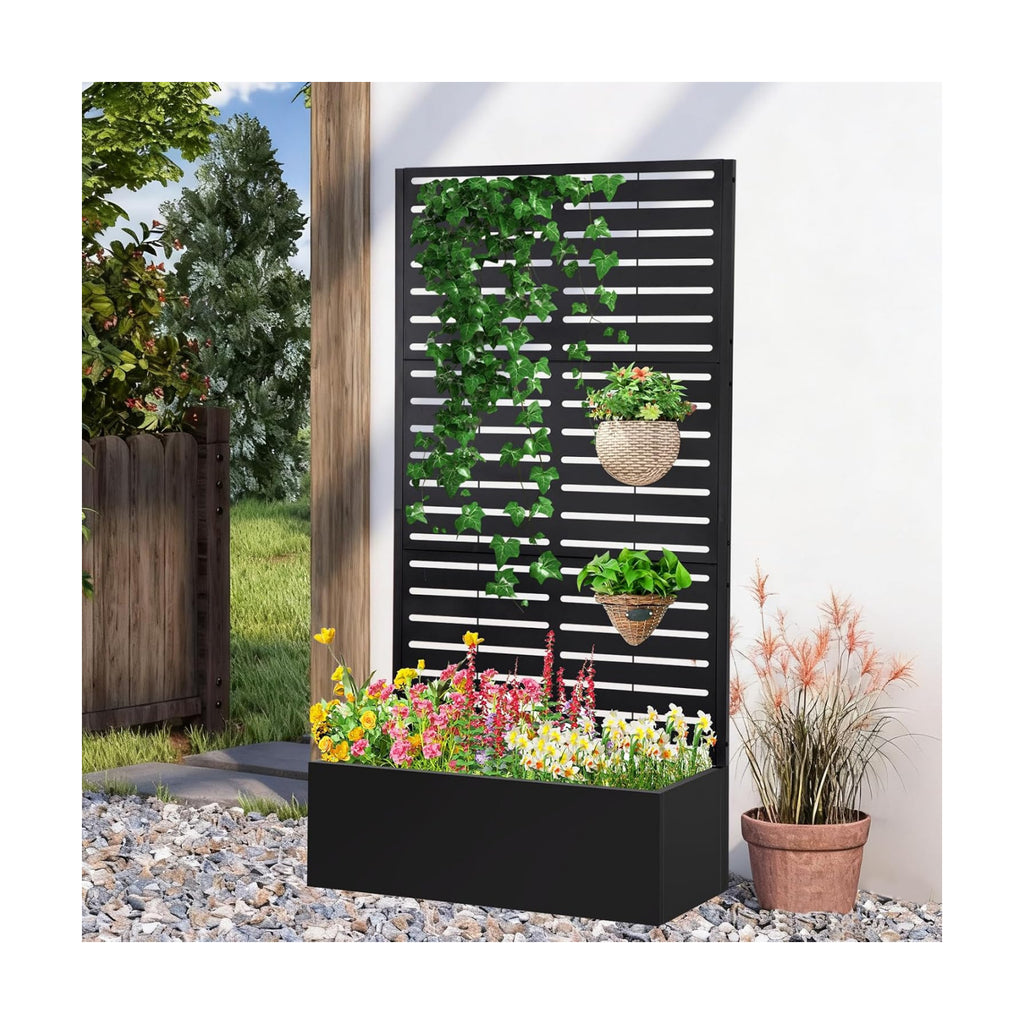 Metal Raised Garden Bed with Trellis,Planter Box for Climbing Plants, Vegetables & Vines, Features Drainage Holes and