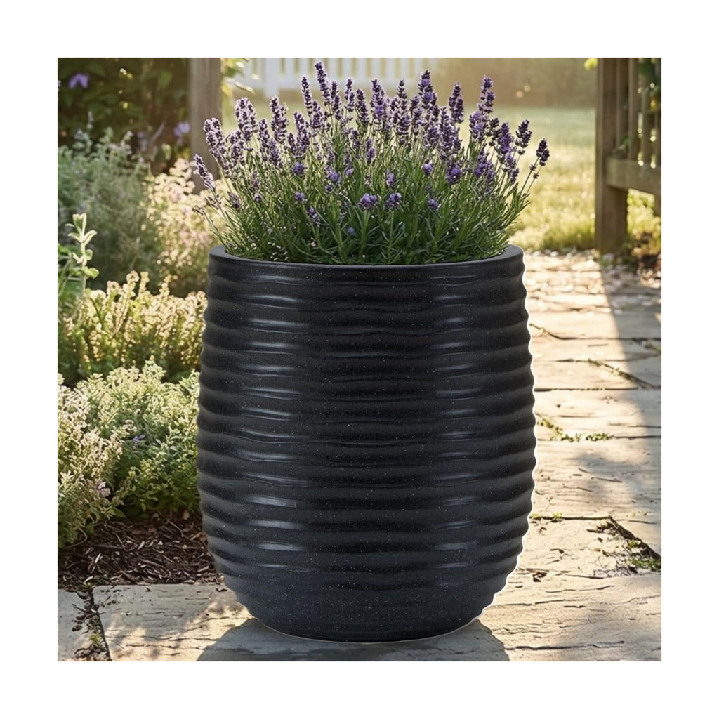 15" Dia x 16.5" H Concrete Planter with Wavy Texture, Black - 1 Pack | Large Flower Pot with Drainage Hole and Silicone