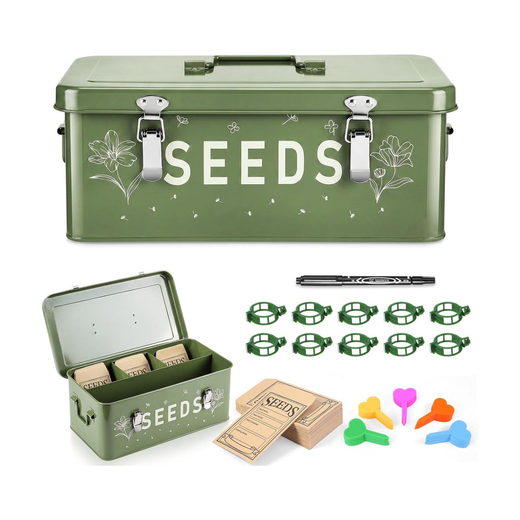 Seed box, Seed storage box, Garden seed organizer | 50 Seed Envelopes, 100 Plant Labels (5 Colors), 50 Plant Clips, 4