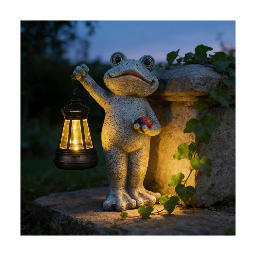 Solar Frog Garden Statue, Resin Figurine with Ladybug & Hanging Solar Lantern Outdoor Decor