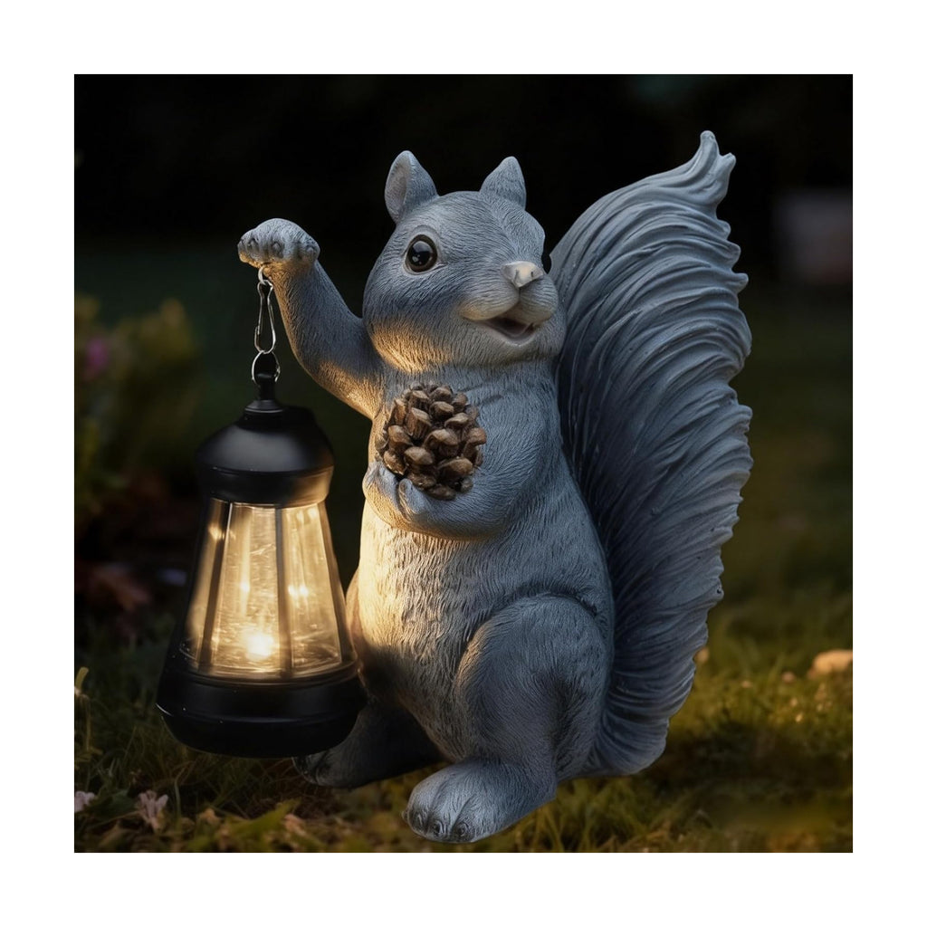 Solar Squirrel Garden Statue Outdoor Decor, Grey, Resin | Sculpture with Lantern，For Yard Lawn Patio Balcony, Christmas