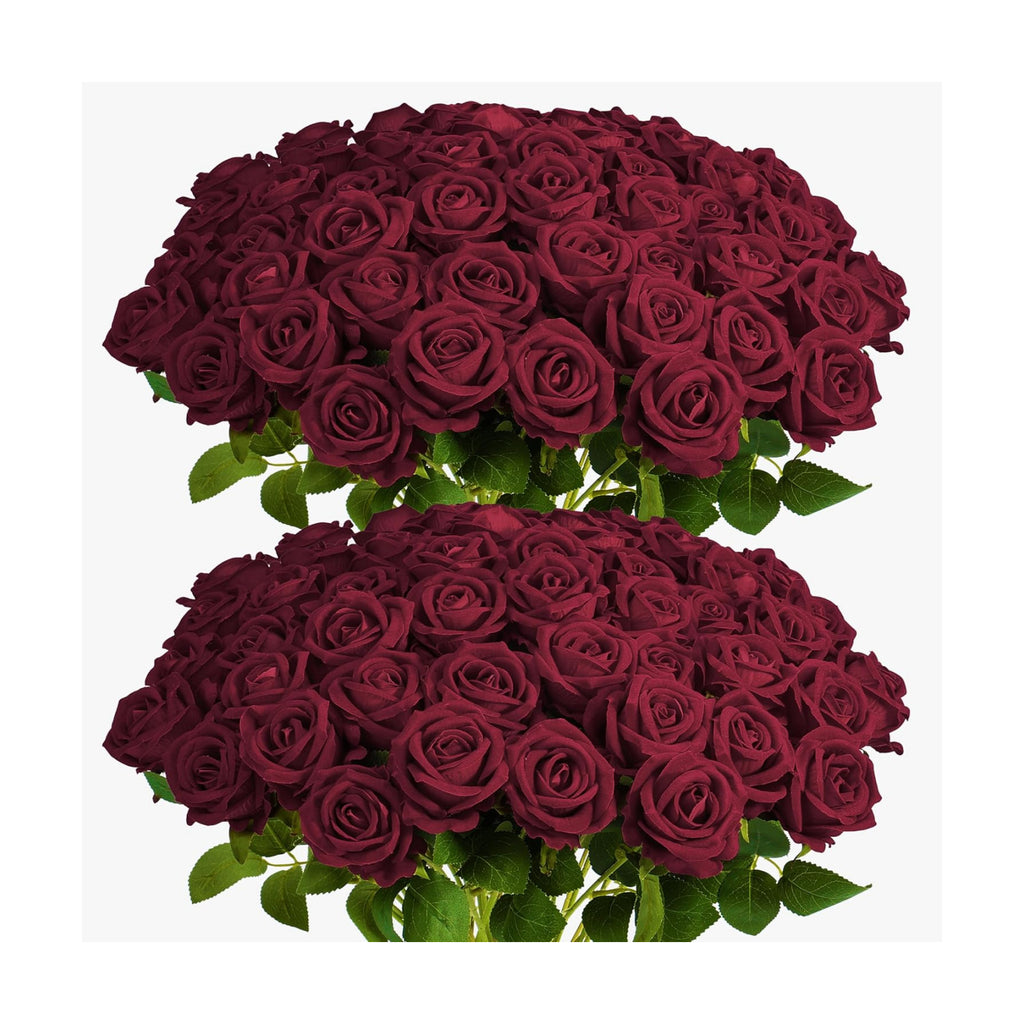 Auihiay 60PCS Burgundy Artificial Roses Bulk, Velvet Silk Fake Roses