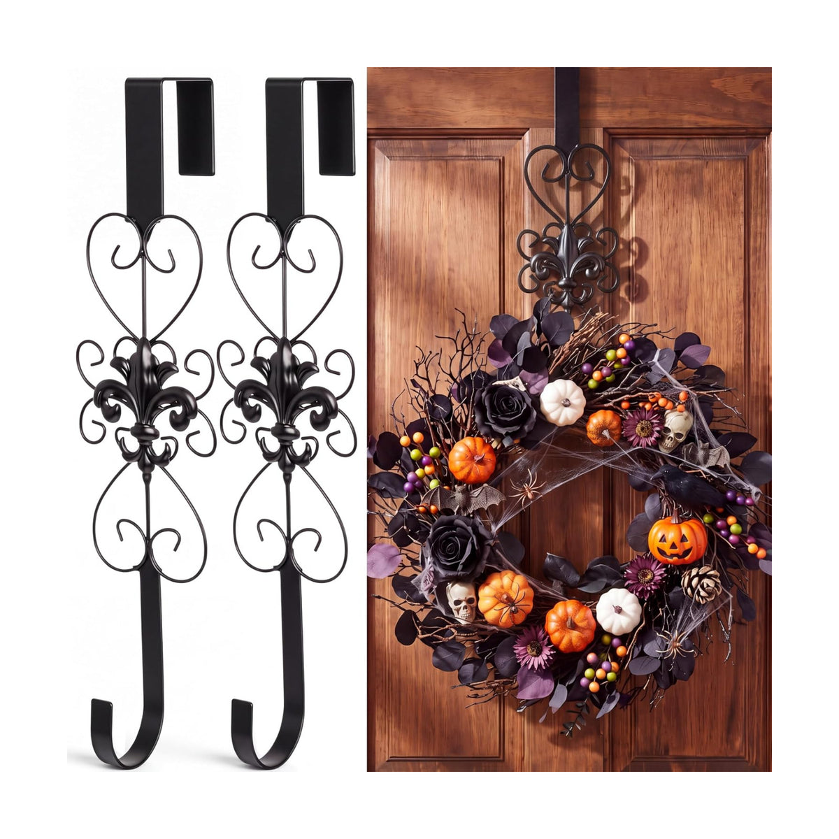 2 Pcs Halloween Wreath Hangers for Front Door, 15.5 in, Black