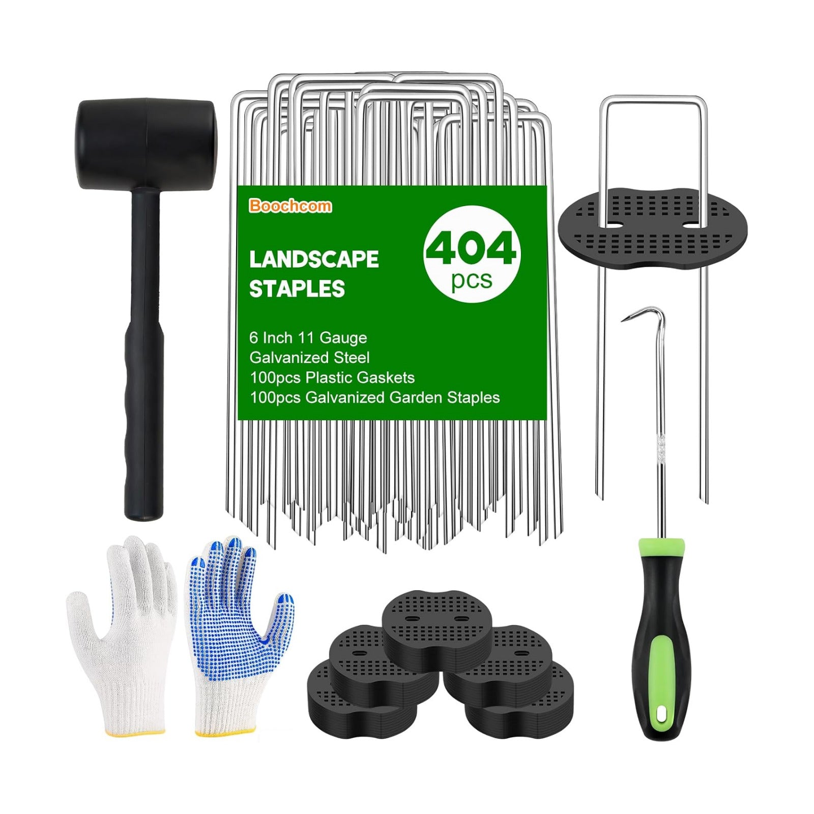 Turf Nails Set,6Inch 200pcs Galvanized Garden Staples + 200pcs Gaskets + Pick Hook + Rubber Hammer +