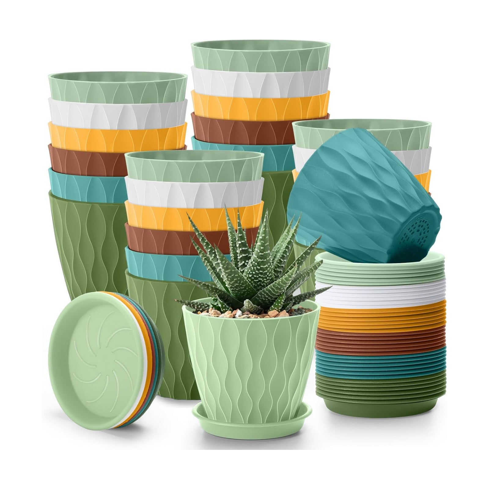 24 Pack 4 Inch Plant Pots Bulk Small Pots for Succulents Waffle Texture Plastic Planter with Drainage Holes and Saucers
