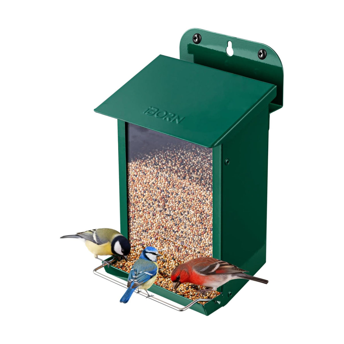 iBorn Bird Feeder for Outdoors, Wall Mounted Bird Feeder Weatherproof Metal Roof, Heavy Duty Metal Birdfeeder for Tree, Fence, Wall Screwed-in Mounting, All Detachable Easy Clean,1.3Lbs, Green