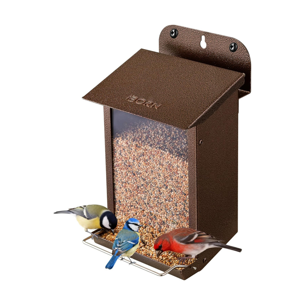 iBorn Bird Feeder for Outdoors, Wall Mounted Bird Feeder Weatherproof Metal Roof, Heavy Duty Metal Birdfeeder for Tree, Fence, Wall Screwed-in Mounting, All Detachable Easy Clean,1.3Lbs, Coffee
