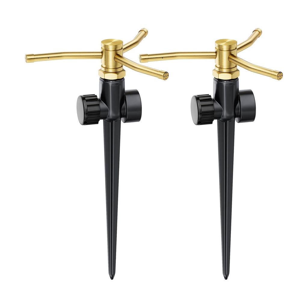FANHAO 2 Pack Metal Lawn Sprinklers with Spike Base, Heavy Duty Automatic Rotary Garden Sprinkler System, 3-Arm Water