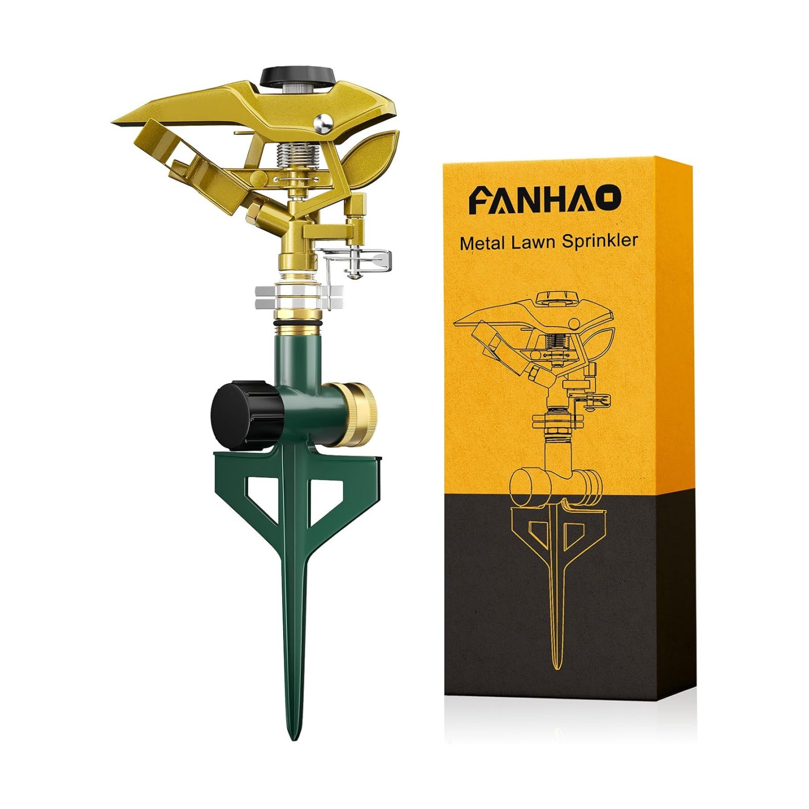 FANHAO Heavy Duty Pulsating Impact Sprinkler on Spike Base, 100% Metal Impact Sprinkler with 360° Adjustable Spray