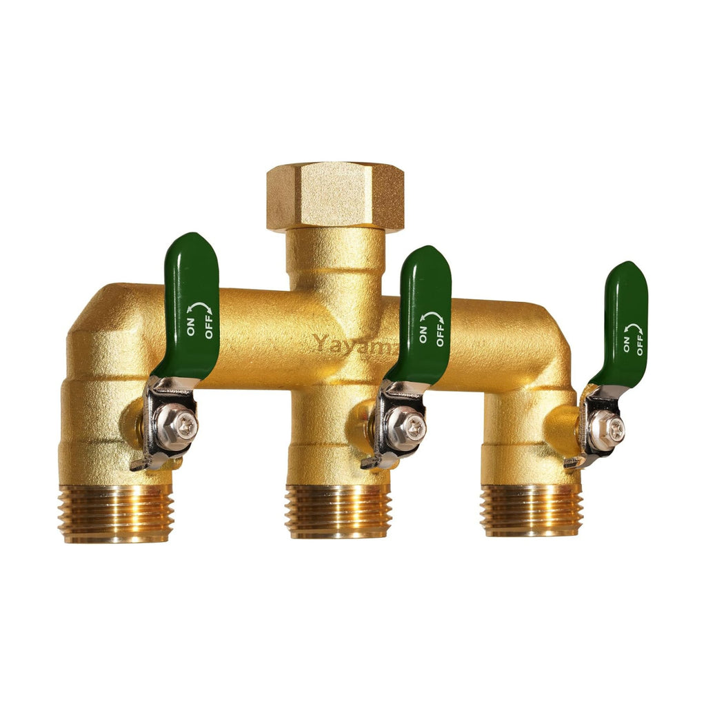 3 Way Garden Hose Splitter, 3/4" GHT Full Flow Hose Splitter | One-Piece Heavy Duty Full Brass Body with Shut-off