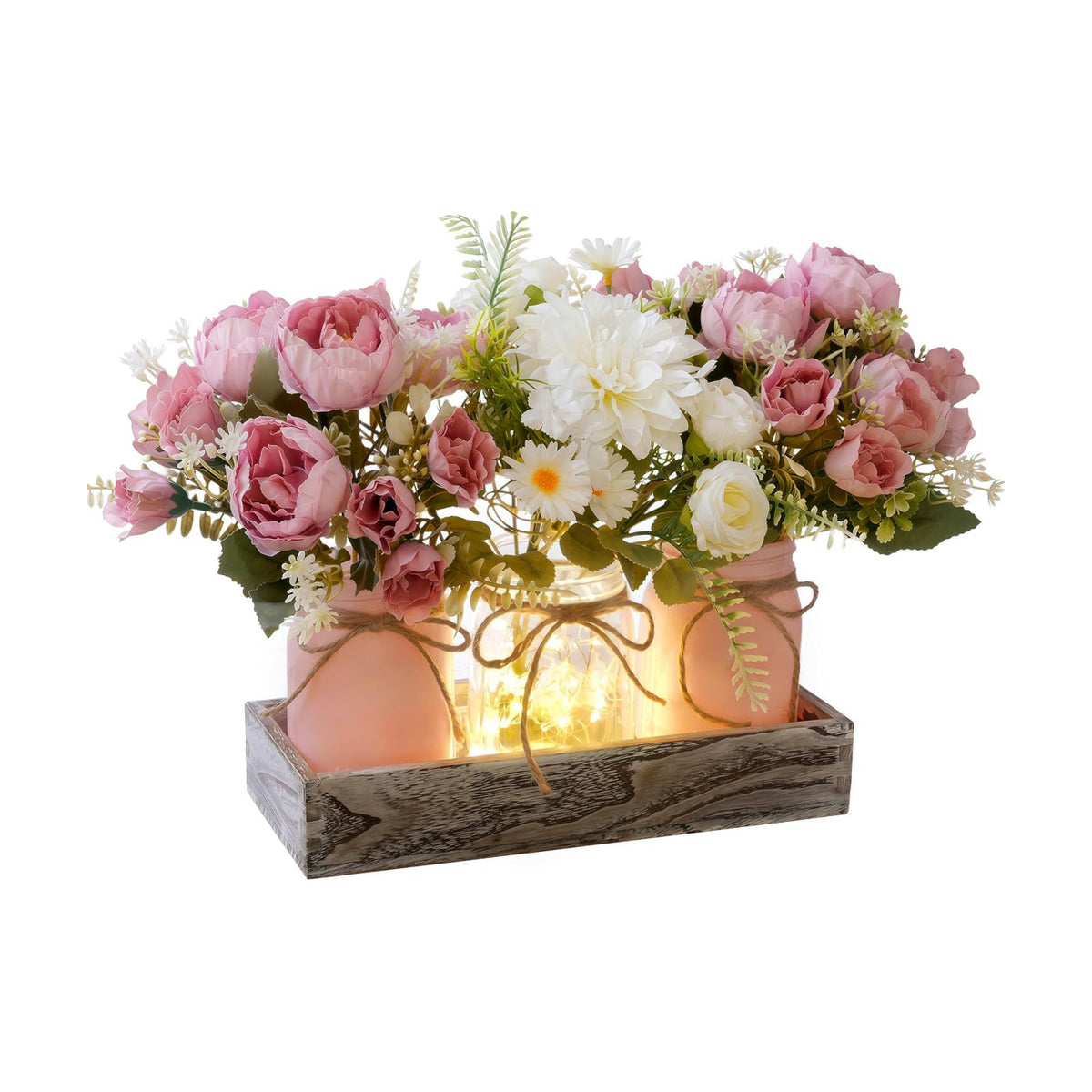 Artificial Spring Pink Rose Flowers in Mason Jars with Rustic Wood Tray