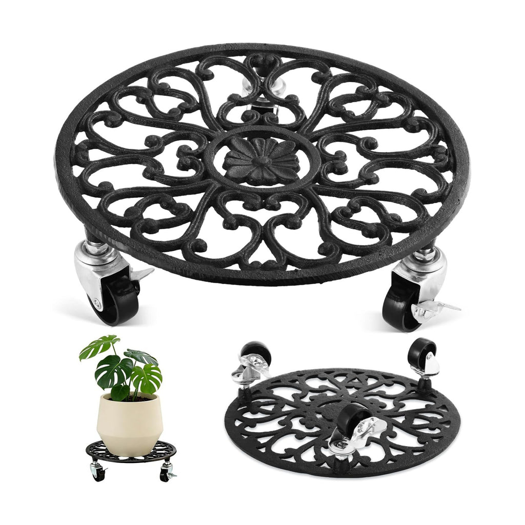 Rolling Plant Stand with Wheels Heavy Duty, 11 Inch Cast Iron Rolling Plant Caddy with Wheels Plants Rollers on Wheel