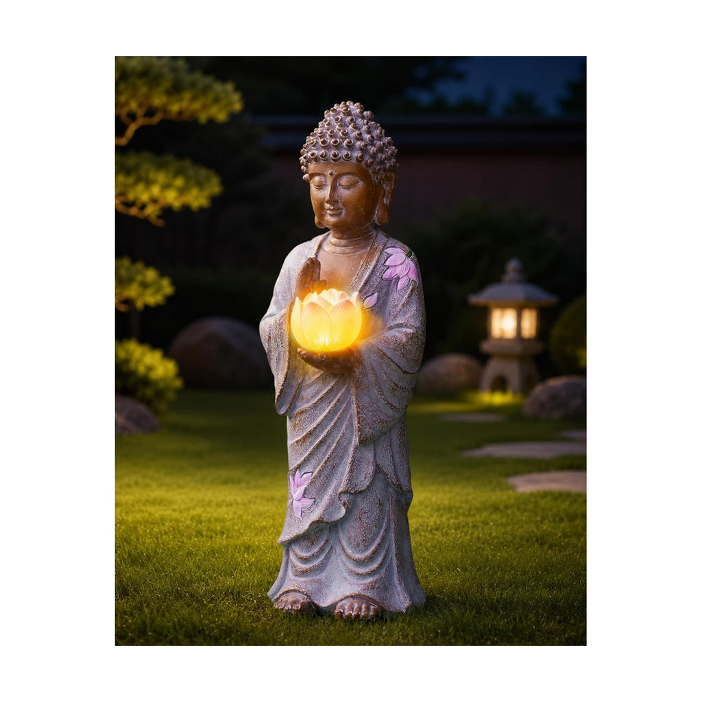 Solar Buddha Garden Statue Decor: Standing Figurine with Lotus Light | 11-Inch White Zen Sculpture, Patio Lawn Yard