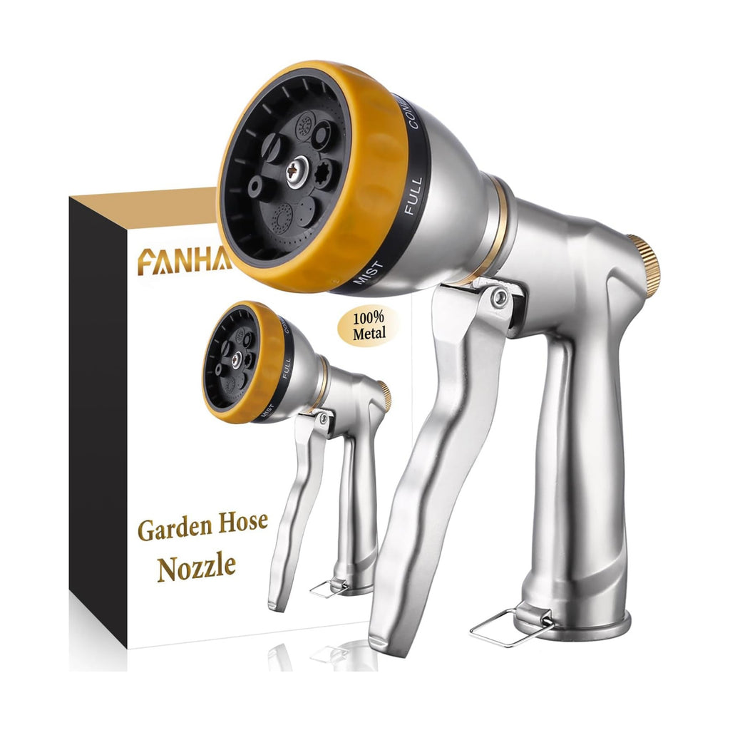 FANHAO Heavy Duty Metal Garden Hose Nozzle, High Pressure Sprayer Leakproof | 7 Adjustable Spray Patterns, Rustproof