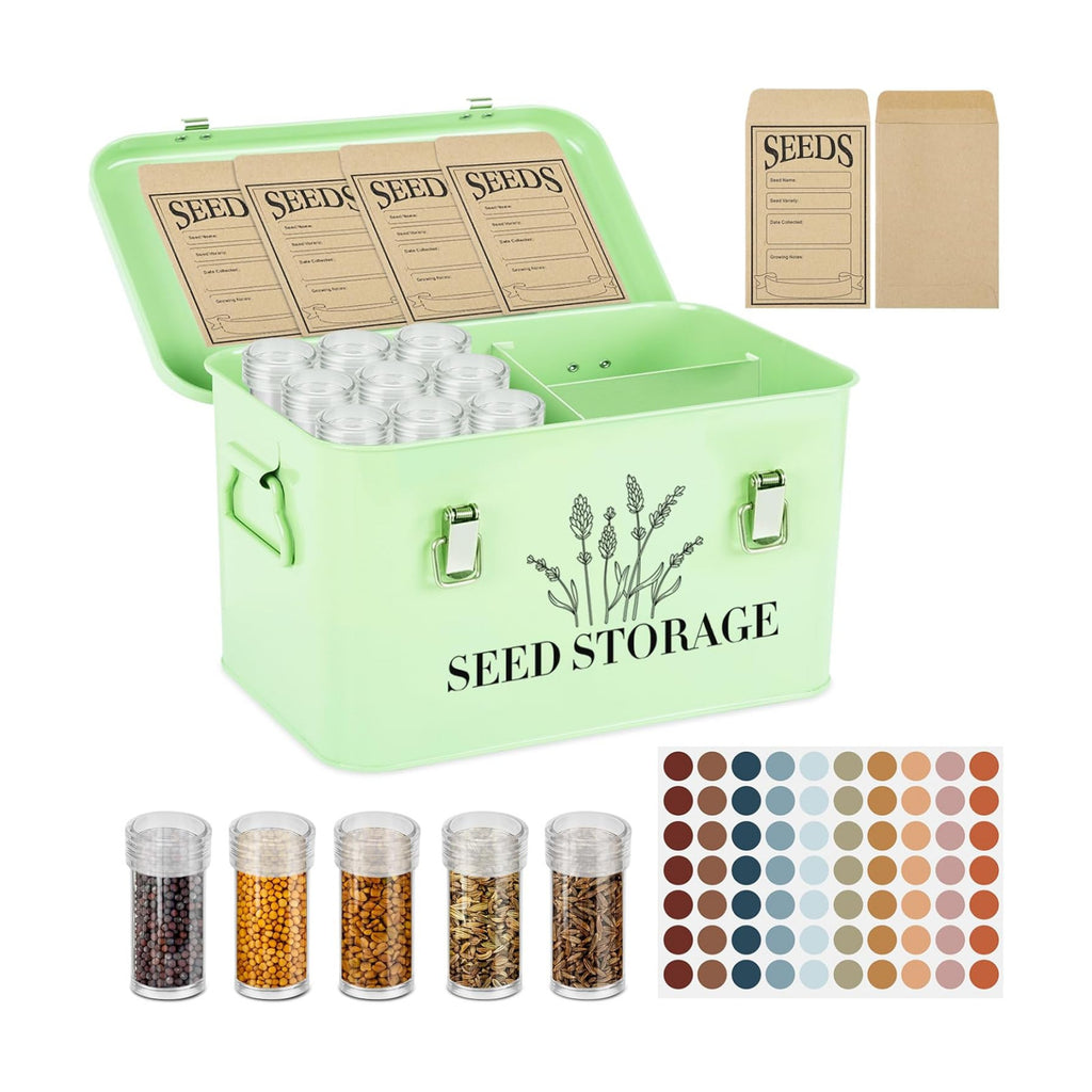 20 Slots Seed Storage Box with 3 Dividers, Metal Seed Storage Organizer Saving Box, Seeds Packet Container