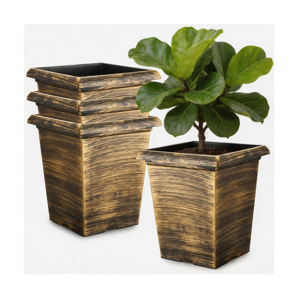 10 Inch Tall Outdoor Square Planter - 4 Pack Vintage Gold Faux Metal | Plant Pot with Drainage Holes & Raised Feet, 13"