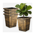 10 Inch Tall Outdoor Square Planter - 4 Pack Vintage Gold Faux Metal | Plant Pot with Drainage Holes & Raised Feet, 13"