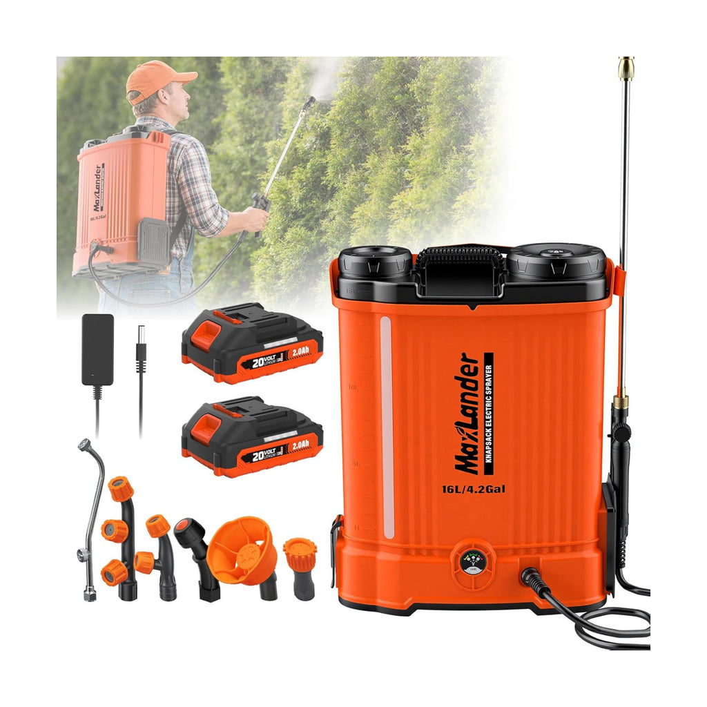 Maxlander 4.2 Gal Battery Powered Backpack Sprayer with 2 x 2.0Ah Battery | 90 Psi Adjustable Pressure, 6 Spray