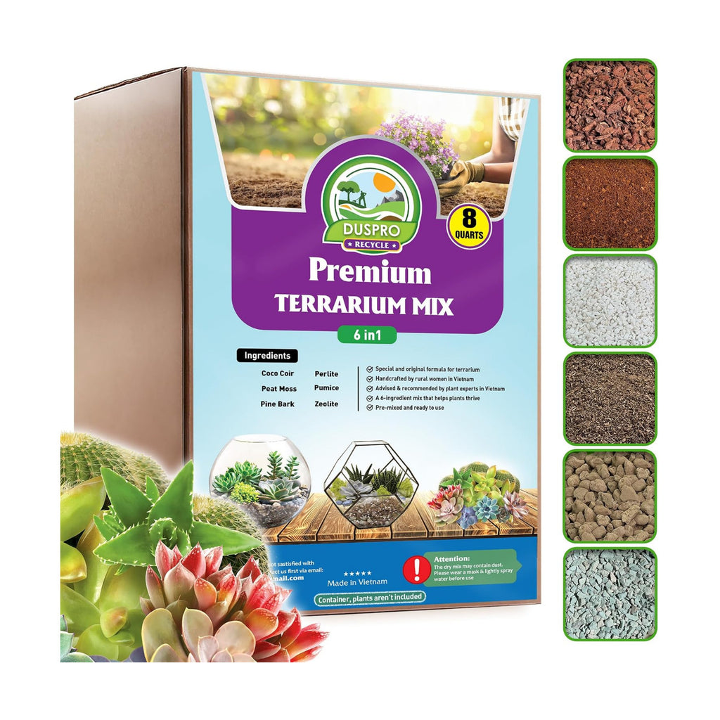 6-in-1 Terrarium Soil Mix, Pre-Mixed & Ready to Use, 8QT | Terrarium Substrate Mix with Coco Coir, Peat Moss, Pine
