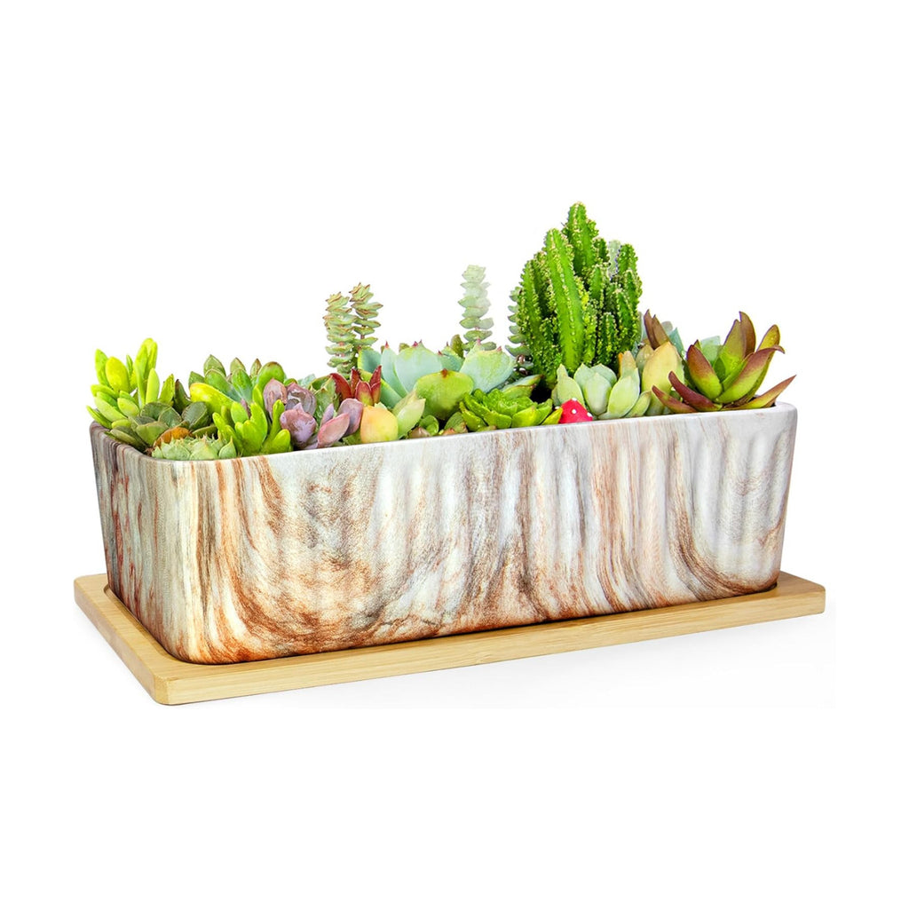 ARTKETTY 12'' Large Long Rectangular Planter, Ceramic Succulent Pots with Drainage Tray, Shallow Windowsill Succulent