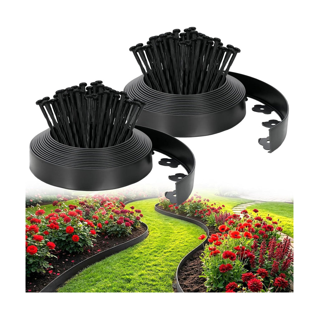 Velway No Dig Landscape Edging Kit 66FT with 100 Spikes Heavy Duty Black | 66FT no dig edging with 100 spikes and 2in