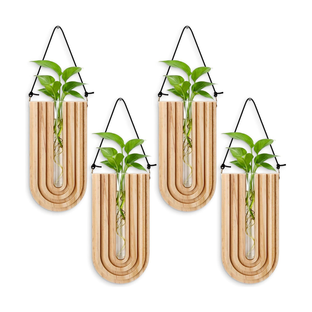 Set of 4 Wooden Wall Planter Vase Hanging Propagation Stations Glass Plant and Flower Vases Wall Plant Holder for