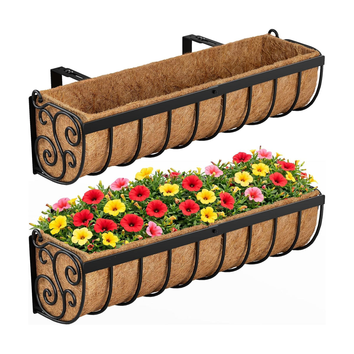 VOXOR Railing Planter Boxes, 24 Inch Window Boxes Planters, Balcony Planters with Adjustable Brackets & Coco Liner for