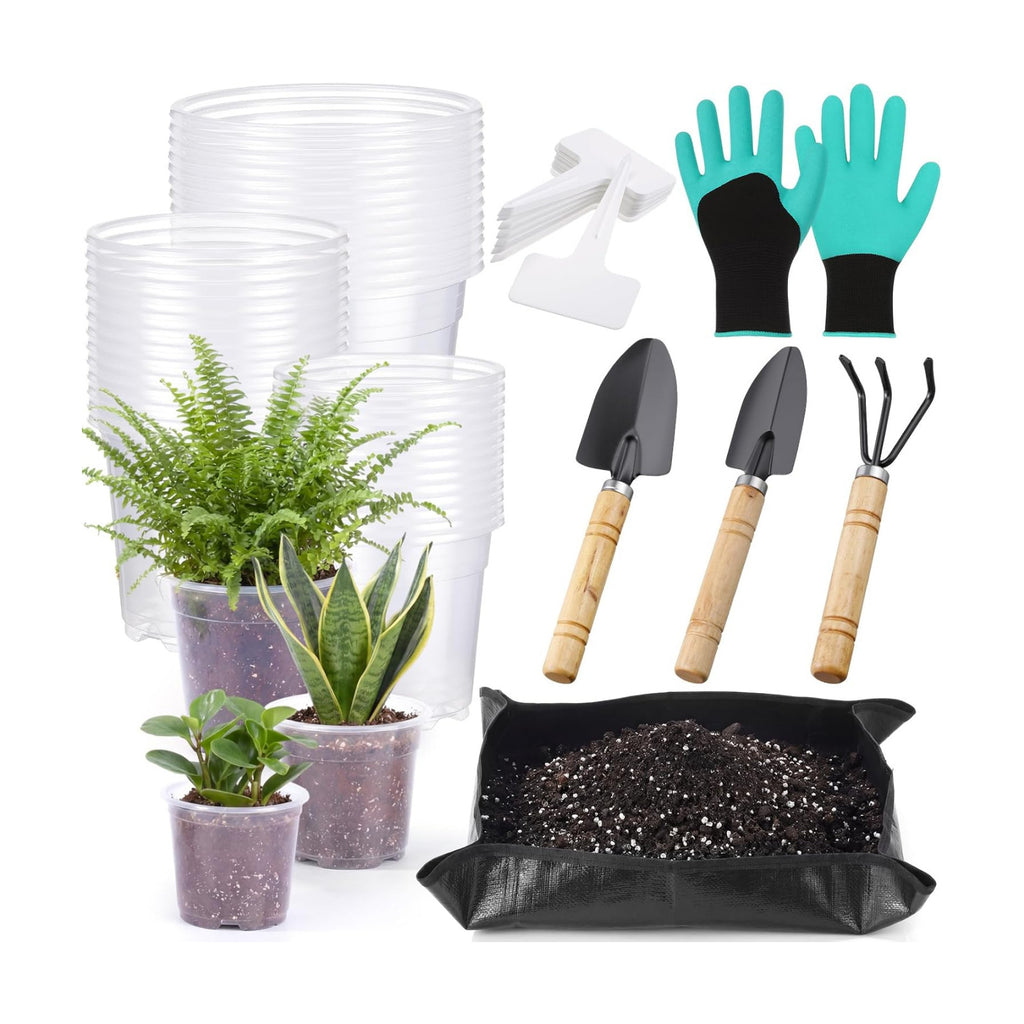 83 Pcs Garden Supplies Tools Kit, 5/6/7 Inch Clear Plastic Plant Pots with Transplanting Mat, Trowel Cultivator Rake