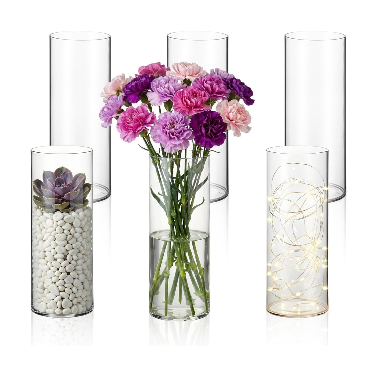 6 Pcs 12 Inch Plastic Cylinder Vase Set - Crystal Clear Acrylic Flower Vase for Wedding Centerpieces, Home Decor, Party Table Arrangements with Shatter-Resistant Design