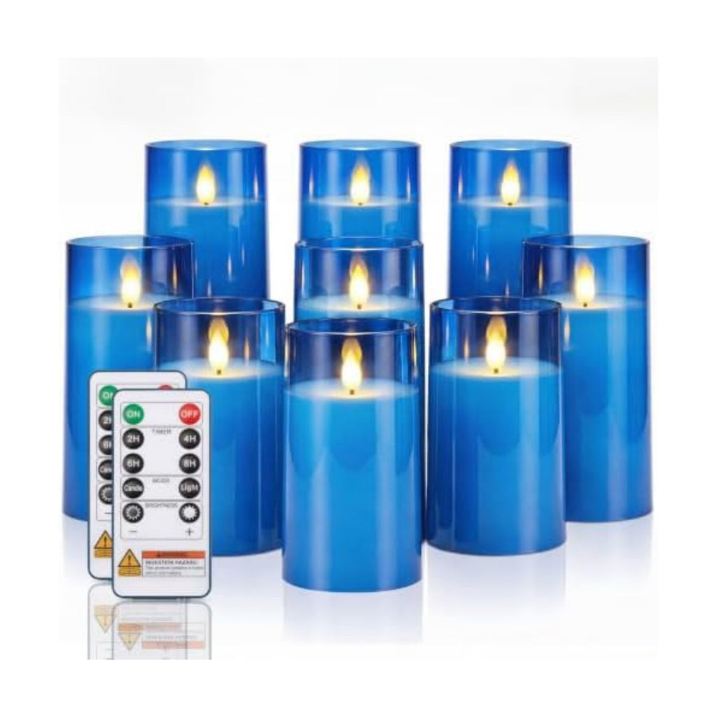 Homemory Blue Flameless LED Pillar Candles with Remote Timer, Set of 9