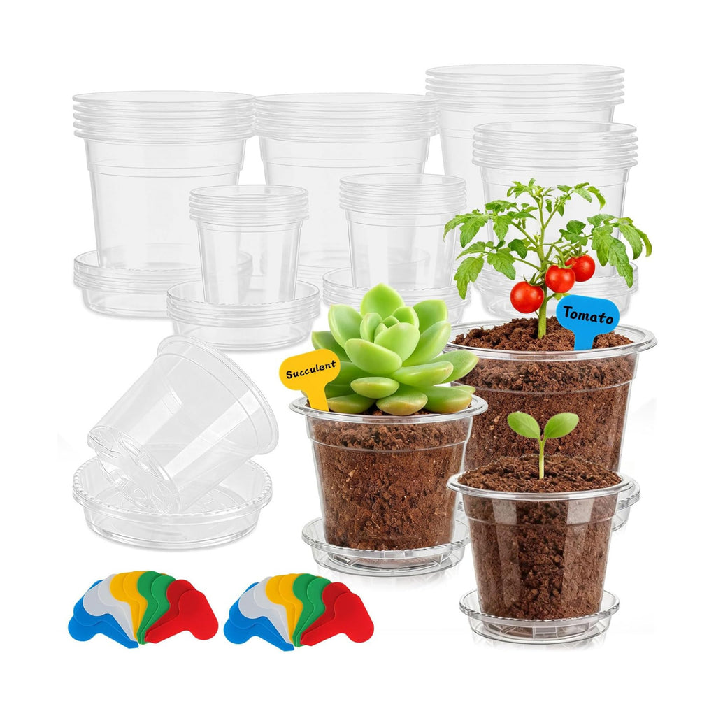 3/4/5/6/7 Inch Clear Nursery Pots with Drainage Holes and Saucers 30 Pack | Transparent Plastic Pots for Plants Flowers