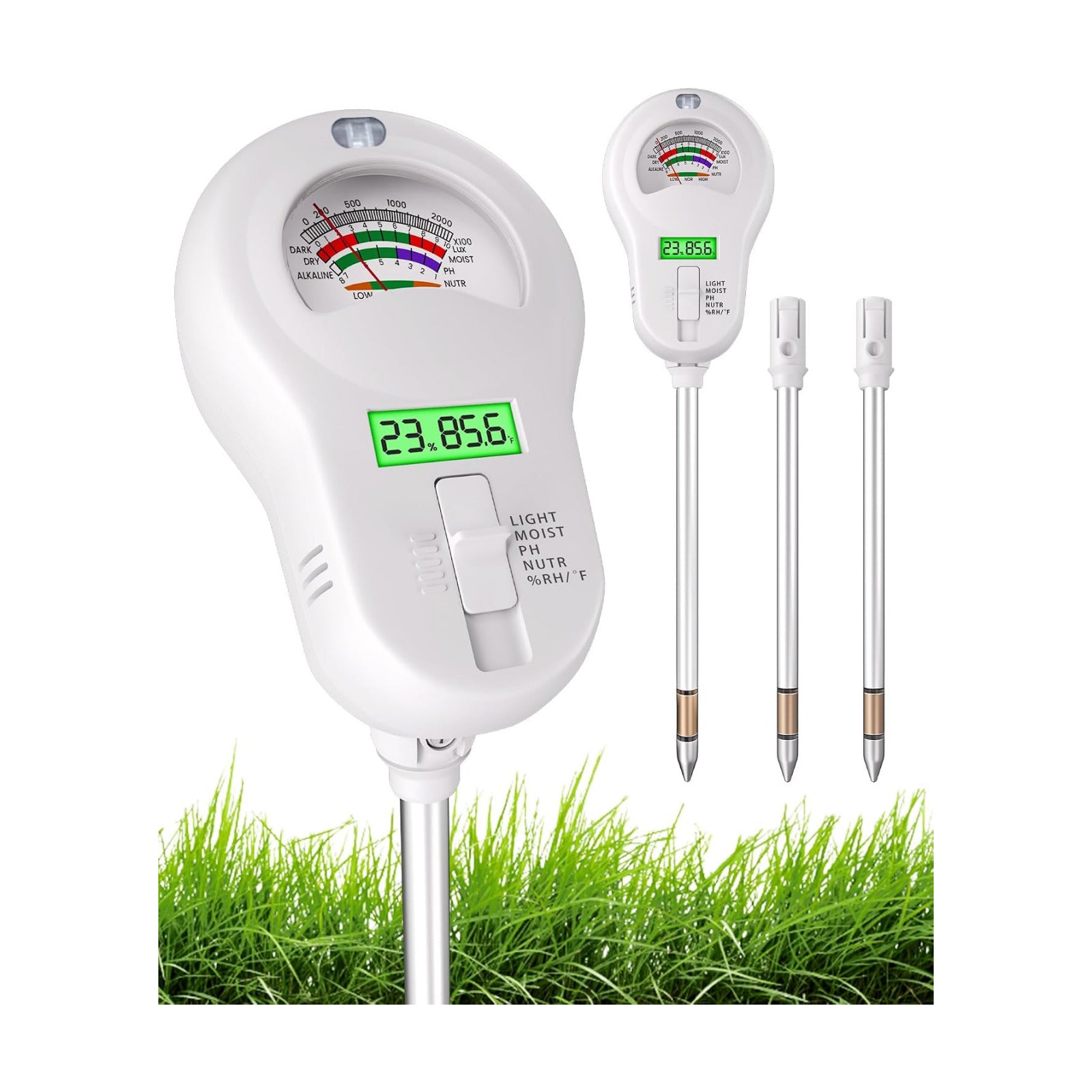 6-in-1 Soil Moisture Meter with 3 Probes, PH/Sunlight/Soil Moisture/Fertility with 3 Removable Probe, Digital Air