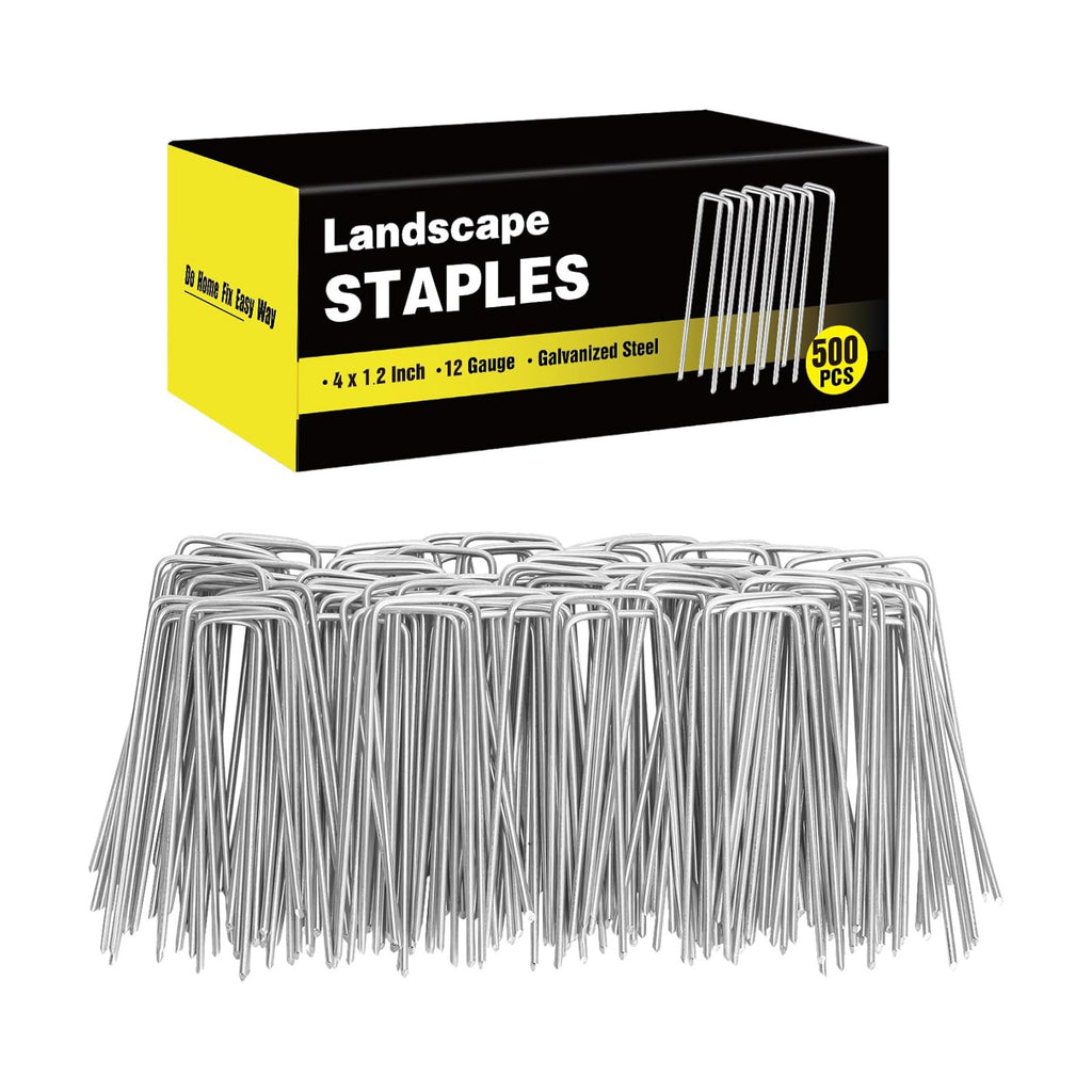 HongWay 500 Pack Landscape Staples 4 Inch, Galvanized Garden Stakes | 12 Gauge Ground Staples Sod Pins Yard Stakes for