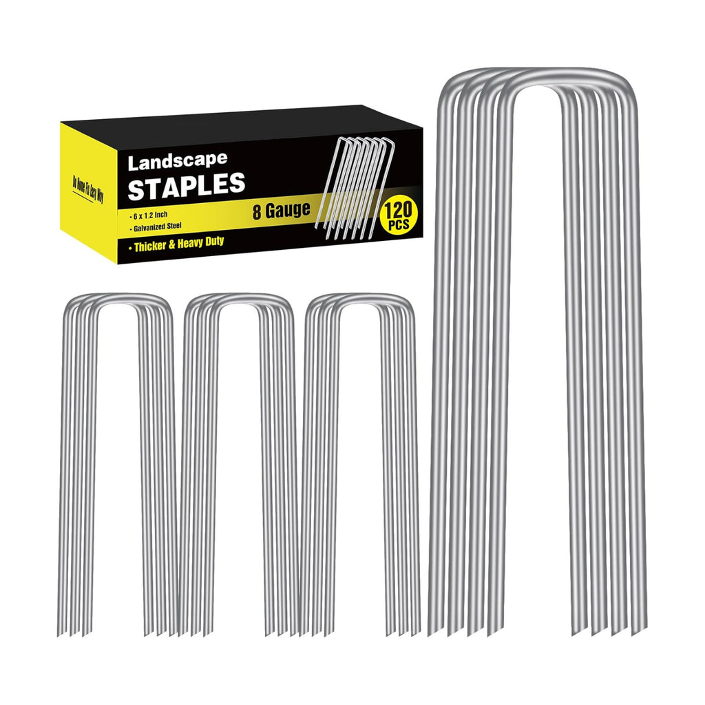 HongWay 120 Pack Landscape Staples, 8 Gauge Thickened Garden Stakes | 6 Inch Heavy Duty U-shaped Metal Tent Stakes High