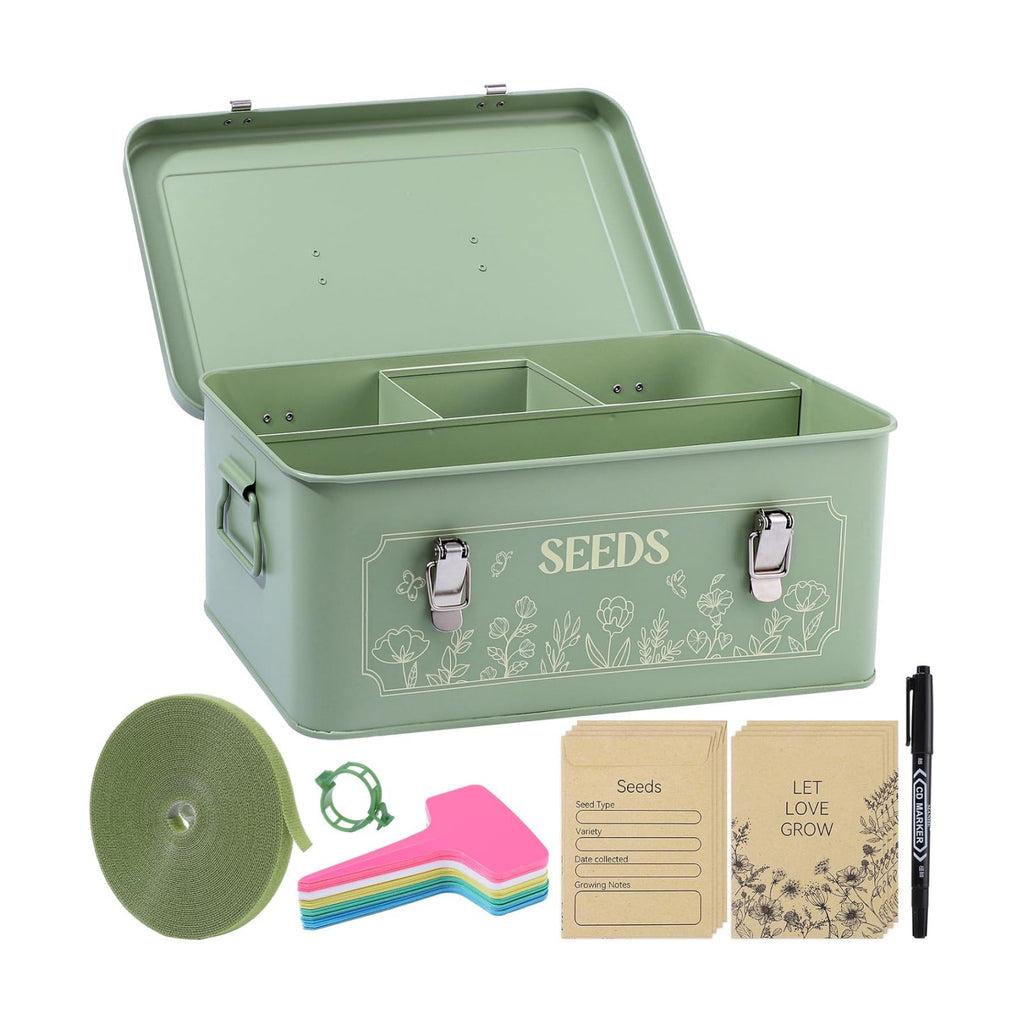 Metal Seed Storage Box With Lid, 4 Compartments, Garden Organizer | Includes 50 Labels, 50 Envelopes, 20 Plant Clips