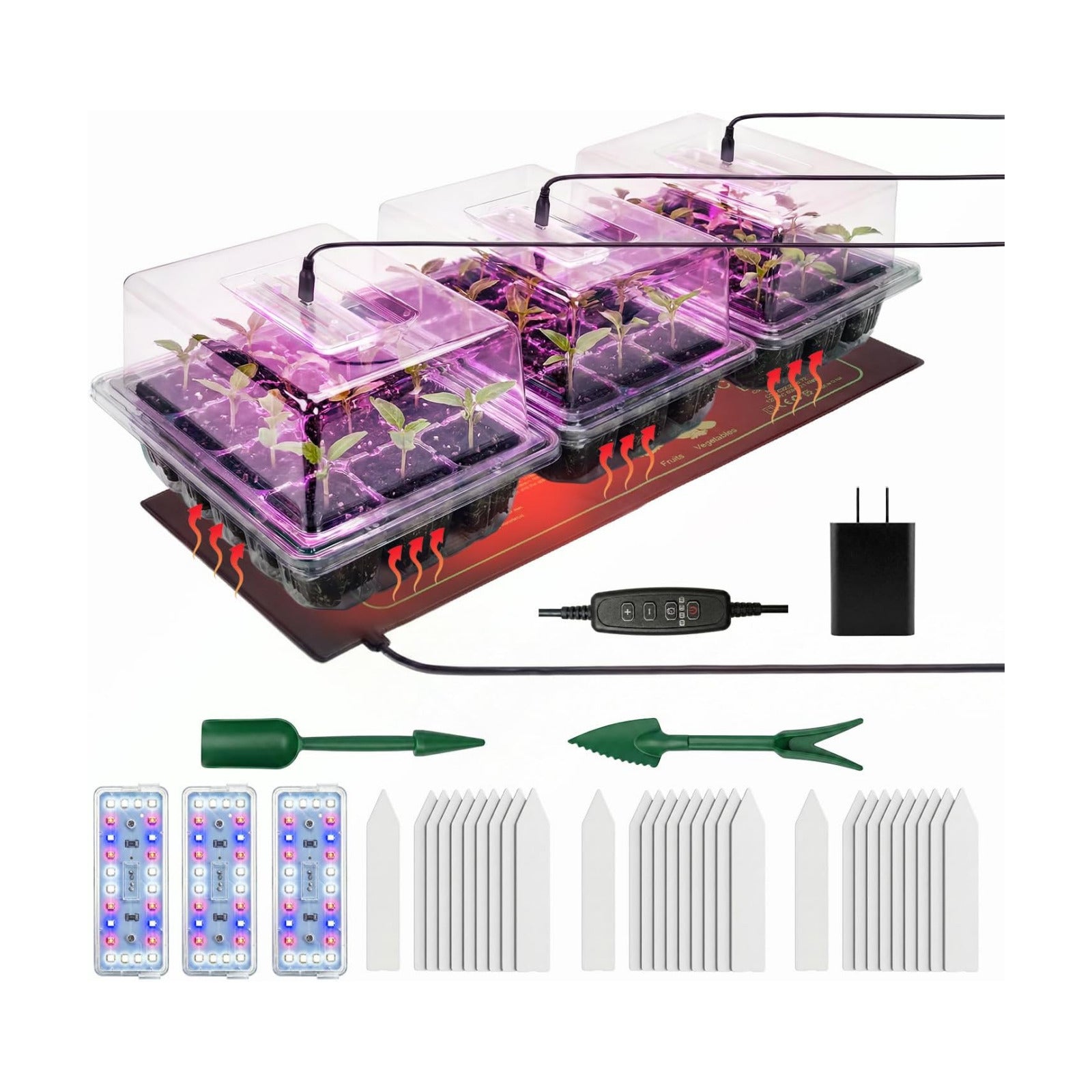 Seed Starter Tray 3 Pack with Heating Mat & 24 Full Spectrum LEDs Grow Light – Auto cycle Timer, Humidity Dome