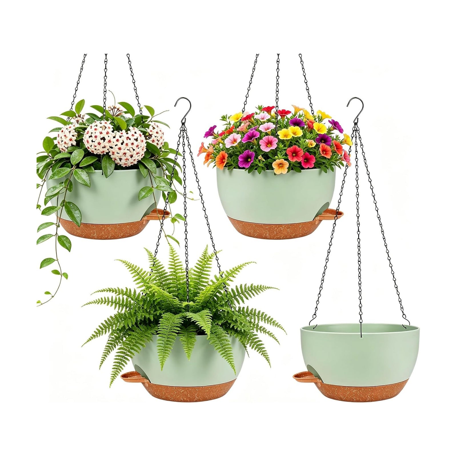 Set of 4-8 Inch Self Watering Hanging Planters for Indoor Outdoor，Hanging Plant Pots with Drainage & Removable Tray