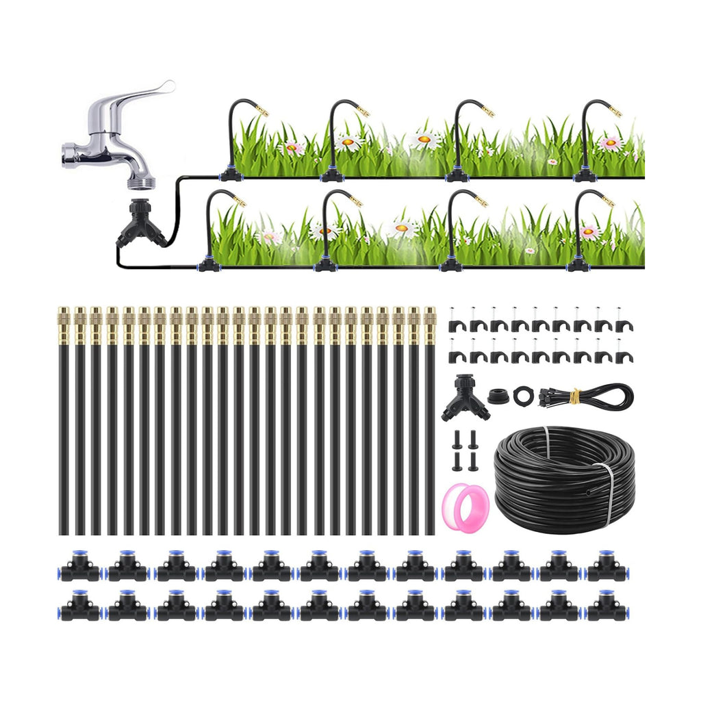 100Ft Drip Irrigation System,1/4" 360°Bendable Fast-Lock Tubing with24pcs Adjustable Misting Copper Nozzles, Automatic