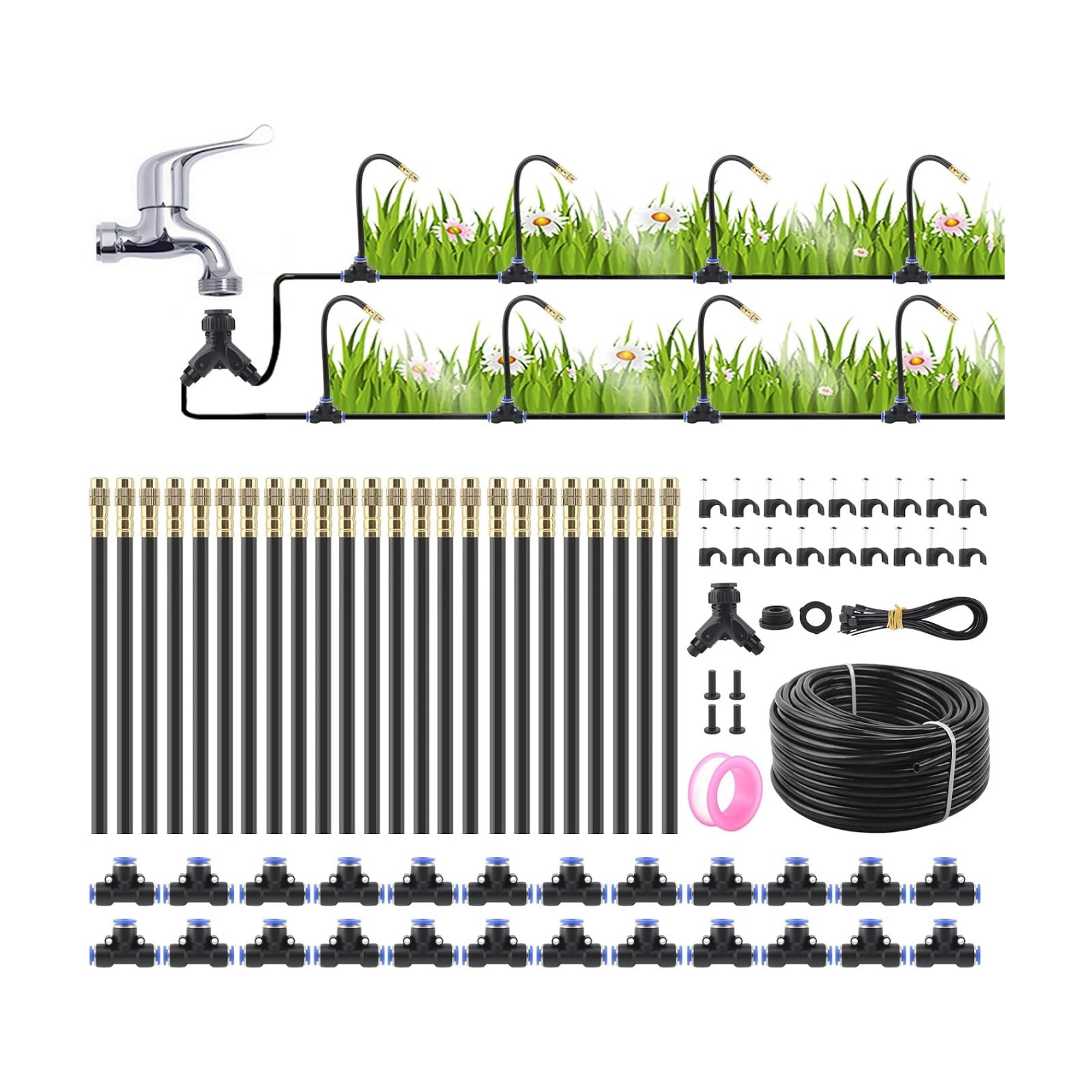 100Ft Drip Irrigation System,1/4" 360°Bendable Fast-Lock Tubing with24pcs Adjustable Misting Copper Nozzles, Automatic
