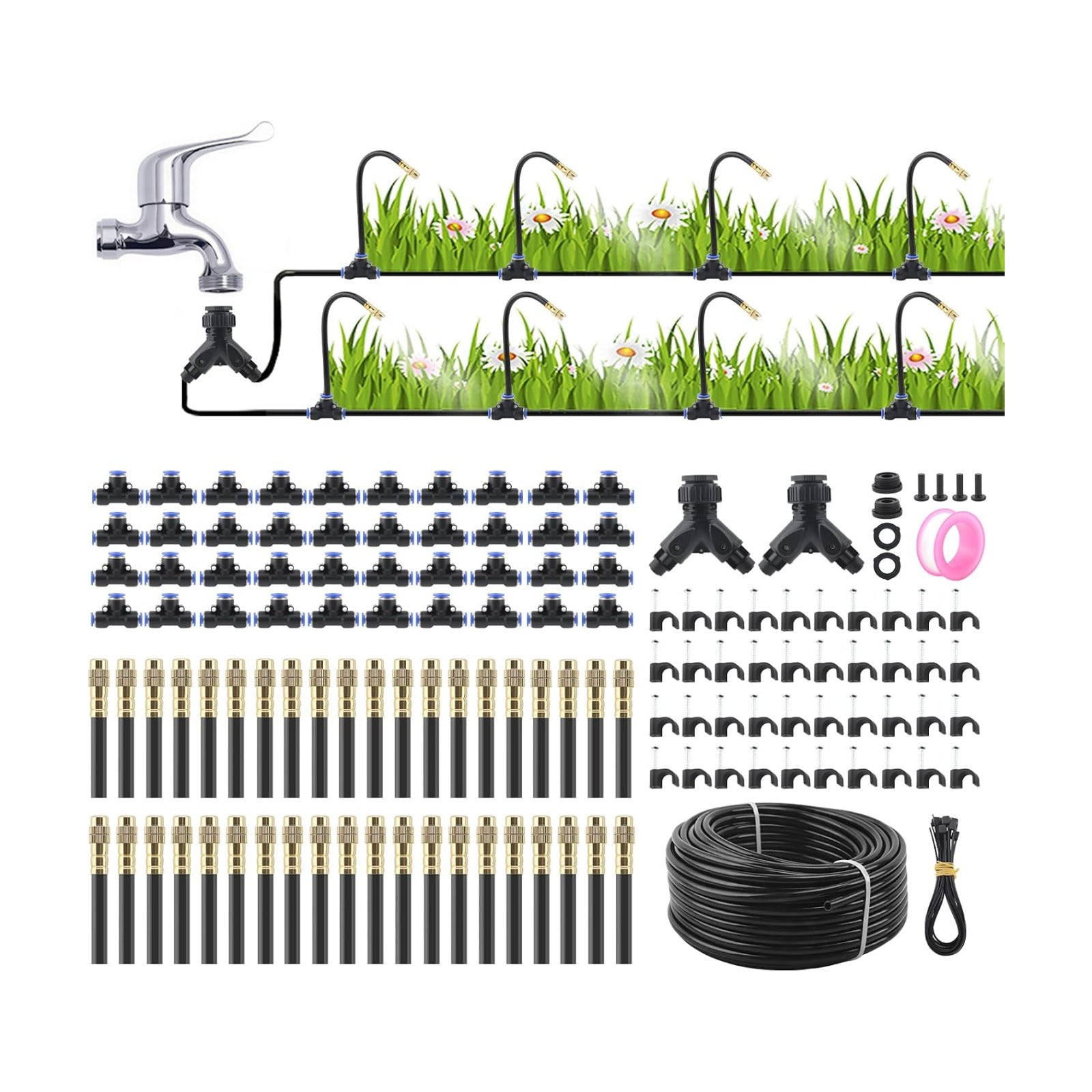 200Ft Drip Irrigation System,1/4" 360°Bendable Fast-Lock Tubing with40pcs Adjustable Misting Copper Nozzles, Automatic