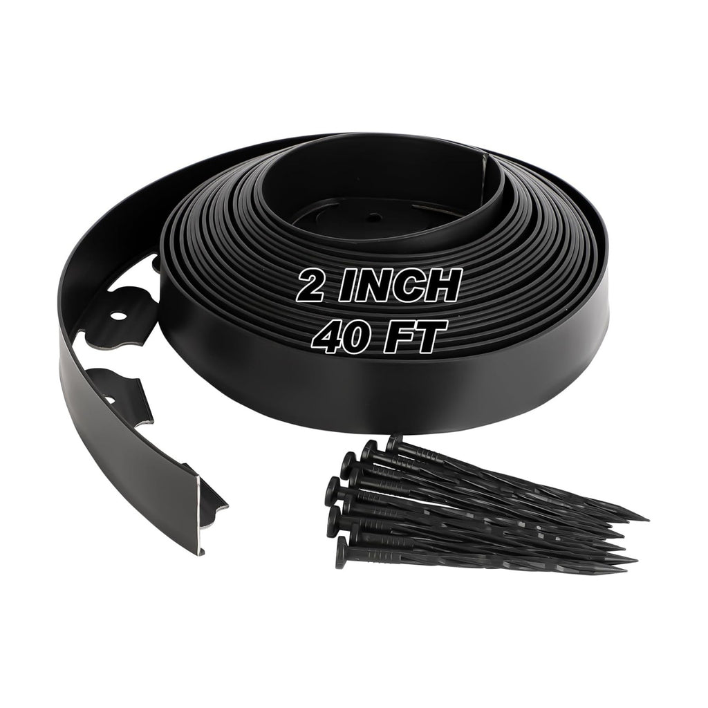 No Dig Landscape Edging 2 Inch x 40 FT, Heavy Duty Flexible Plastic Garden Border with 50 Spiral Spikes, Lawn Edging