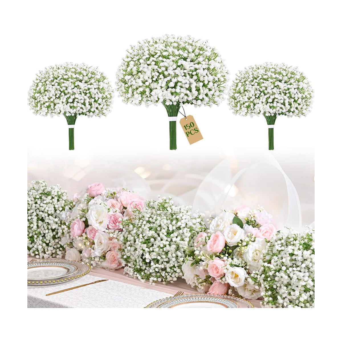 150Pcs Baby Breath Flowers Artificial Bulk, White Babys Breath Fake Flowers